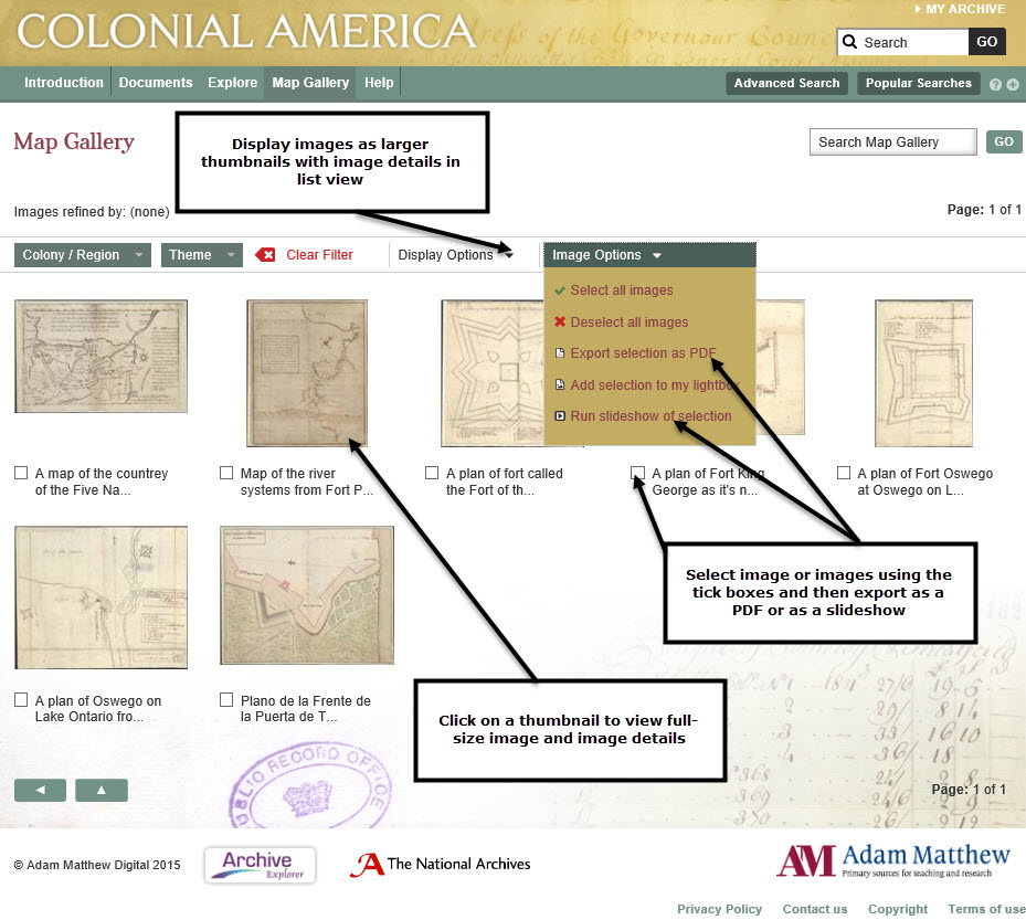 Screenshot of the Map Gallery. Use the Display Options drop-down menu to choose to display images in grid view or with larger thumbnails and more metadata in list view. Click on a thumbnail to view the full-size image and its details. Select an image or images using the tickboxes next to the titles and then export your selection as a PDF document or a slideshow.
